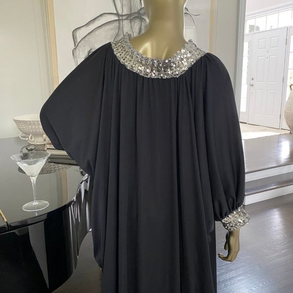 Vintage GLAM 70s Caftan Sequin Trimmed Maxi Dress 1970s Lounge Wear S-M-L - Picture 9 of 11